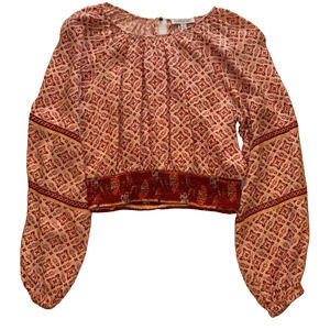 Patrons of Peace Size Small Crop Smocked Waist Long Sleeve Boho/Festival/Hippie